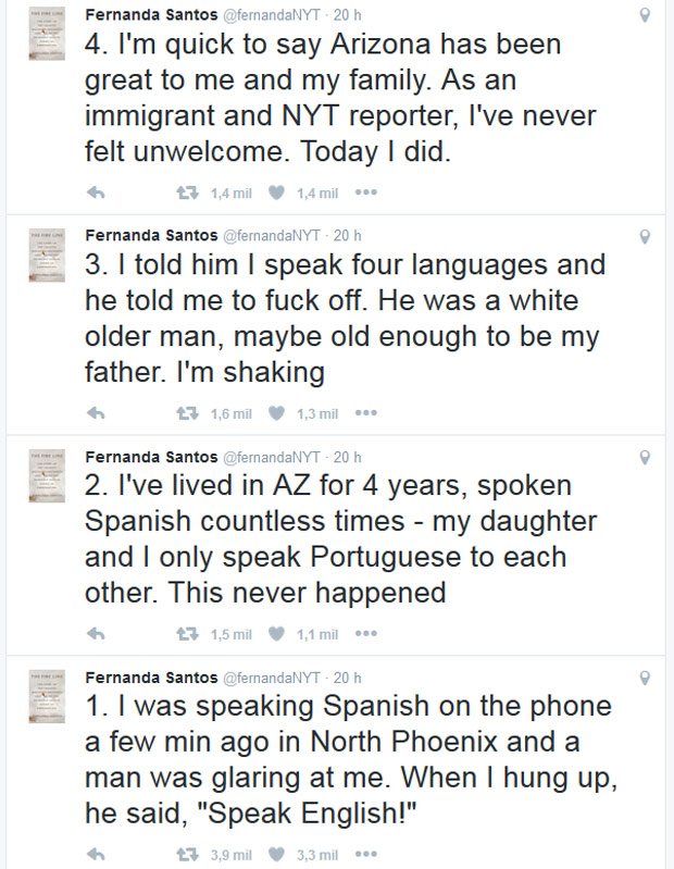 Aps falar no telefone em espanhol, jornalista brasileira Fernanda Santos, que mora nos EUA,  ofendida por homem 