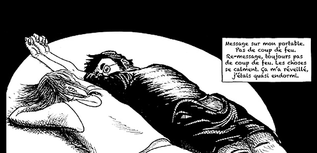 Desenho em que Fred Dewilde, 50, retrata o momento em que ficou deitado, junto com uma desconhecida, durante o atentado a casa de shows Bataclan