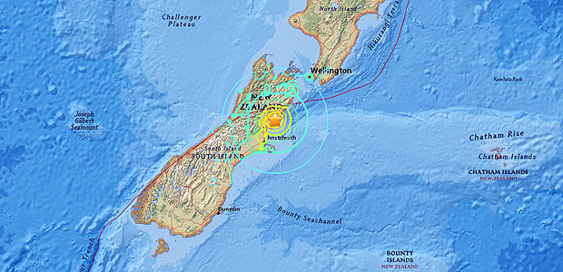 Mapa mostra epicentro de terremoto que atingiu Nova Zelndia neste domingo (12)