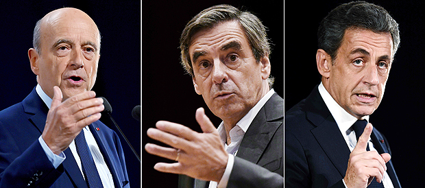A combination of pictures created on November 19, 2016 shows three candidates for the right-wing Les Republicains (LR) party primaries ahead of the 2017 presidential election (LtoR) former Prime minister and Bordeaux's mayor Alain Juppe, former Prime minister and member of the parliament Francois Fillon, and former French president Nicolas Sarkozy. Seven candidates were confirmed on September 21, 2016 to contest the rightwing primary to pick a nominee for France's presidential election next year, officials said. / AFP PHOTO