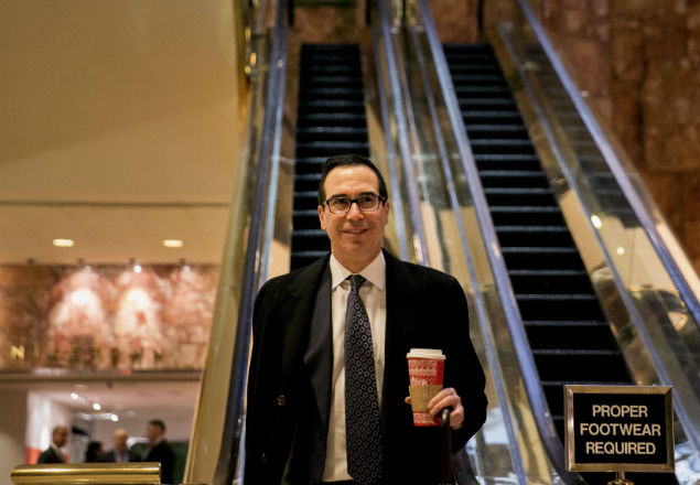 FILE — Steven Mnuchin, the national finance chairman for Donald Trump’s presidential campaign, at Trump Tower in Manhattan, Nov. 15, 2016. Mnuchin, a former Goldman Sachs partner and hedge fund founder, is expected to be named Donald Trump’s nominee for Treasury secretary, according to reports on Nov. 29. (Sam Hodgson/The New York Times