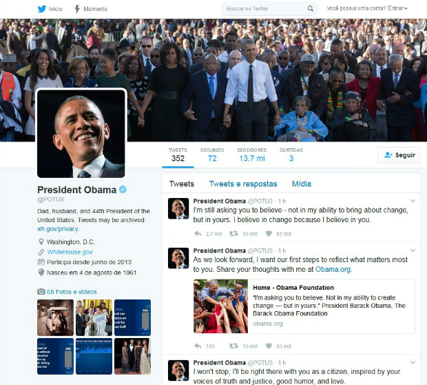 Reproduo do ltimo tute de Barack Obama na conta oficial do Presidente dos EUA