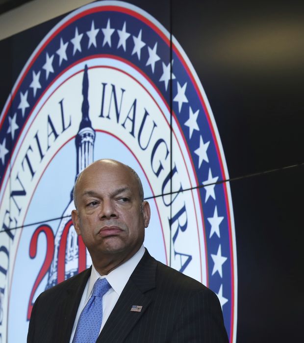 Homeland Security Secretary Jeh Johnson listens to a question during a news conference about the security for the presidential inauguration and activities related to it, Friday, Jan. 13, 2017, at the Multi Agency Communications Center (MACC) in Dulles, Va.