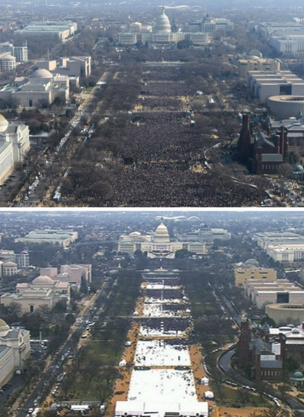 This pair of photos shows a view of the crowd on the National Mall at the inaugurations of President Barack Obama, above, on Jan. 20, 2009, and President Donald Trump, below, on Jan. 20, 2017. The photo above and the screengrab from video below were both shot shortly before noon from the top of the Washington Monument. (AP Photo) ORG XMIT: NYAJ501
