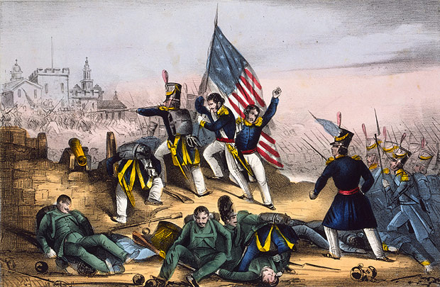 Ilustrao da batalha de Chapultepec, em referncia ao castelo na Cid. do Mxico bombardeado pelos EUA em 1847