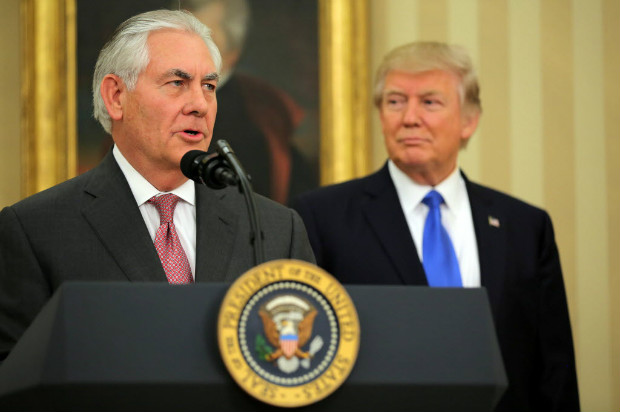 New U.S. Secretary of State Rex Tillerson speaks after his swearing-in ceremony, accompanied by U.S. President Donald Trump at the Oval Office of the White House in Washington, DC, U.S., February 1, 2017. REUTERS/Carlos Barria ORG XMIT: C303