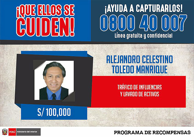 A foto do ex-presidente Alejandro Toledo aparece em cartaz de procurado da polcia do Peru