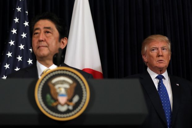 Japanese Prime Minister Shinzo Abe delivers remarks on North Korea accompanied by U.S. President Donald Trump at Mar-a-Lago club in Palm Beach, Florida U.S., February 11, 2017. REUTERS/Carlos Barria ORG XMIT: CB609