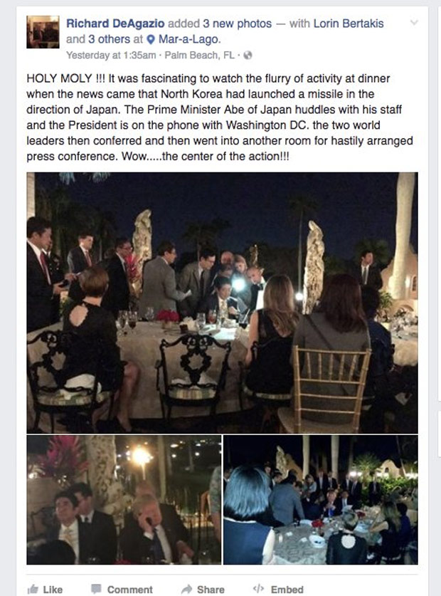 Post no Facebook mostra fotos de Donald Trump resolvendo crise de mssil da Coreia do Norte em mesa do resort de Mar-a-Lago acessvel ao pblico - https://pbs.twimg.com/media/C4jxa6mW8AArs9A.jpg