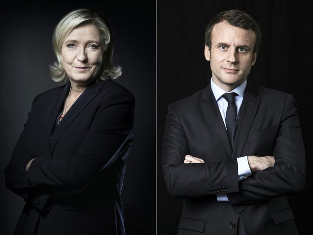 Fotomontagem com a candidata da extrema direita, Marine Le Pen, e o centrista Emmanuel Macron