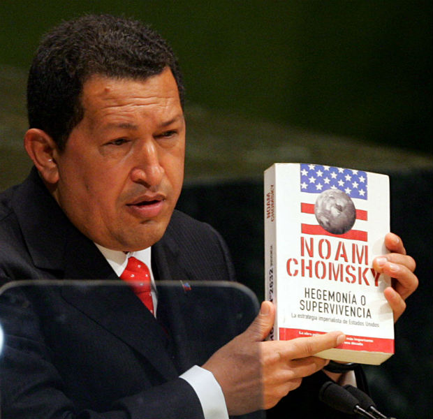 Hugo Chavez. President of Venezuela, holds up a book by Noam Chomsky as he addresses the 61st session of the U.N. General Assembly at UN headquarters, Wednesday, Sept. 20, 2006