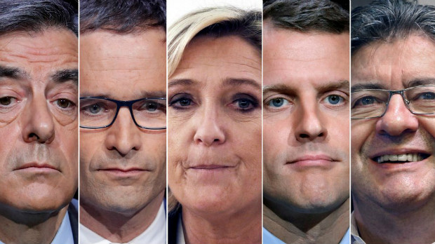 Franois Fillon, Benoit Hamon, Marine Le Pen, Emmanuel Macron e Jean-Luc Melenchon. Cinco candidatos aparecem nas pesquisas com chances de ir para o segundo turno