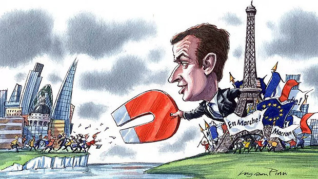 Ilustrao do "Financial Times" mostra candidato francs seduzindo investidores hoje no Reino Unido