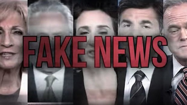 Imagem de comercial de Donald Trump que questiona a mídia como "fake News"