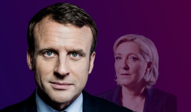 Na capa digital do jornal "Le Monde", foto de Emmanuel Macron em destaque, enquanto Marine Le Pen se apaga 