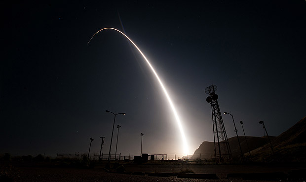 This US Air Force handout photo shows an unarmed Minuteman III intercontinental ballistic missile launches during an operational test at 12:03 a.m., PDT, on April 26, from Vandenberg Air Force Base, California. The Minuteman system has been in service for 60 years. Through continuous upgrades, including new production versions, improved targeting systems, and enhanced accuracy, today's Minuteman system remains state-of-the art and is capable of meeting all modern challenges. / AFP PHOTO / US AIR FORCE / Senior Airman Ian DUDLEY / RESTRICTED TO EDITORIAL USE - MANDATORY CREDIT "AFP PHOTO / US AIR FORCE/SENIOR AIRMAN IAN DUDLEY" - NO MARKETING NO ADVERTISING CAMPAIGNS - DISTRIBUTED AS A SERVICE TO CLIENTS ORG XMIT: USNORTHCOM