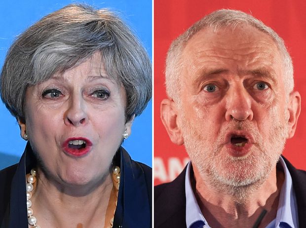A primeira-ministra britnica, a conservadora Theresa May, e o lder trabalhista, Jeremy Corbyn