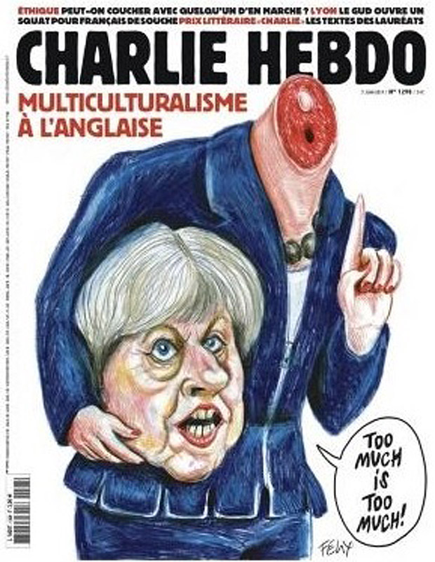 Capa do francs "Charlie Hebdo", antes da eleio, com primeira-ministra britnica decapitada