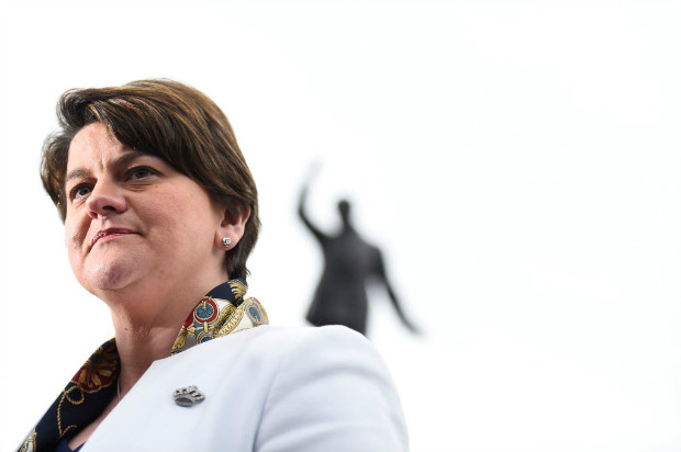 FILE PHOTO: Leader of the Democratic Unionist Party (DUP) Arlene Foster speaks to media outside Stormont Parliament buildings in Belfast, Northern Ireland March 6, 2017. REUTERS/Clodagh Kilcoyne/File Photo ORG XMIT: SMN512