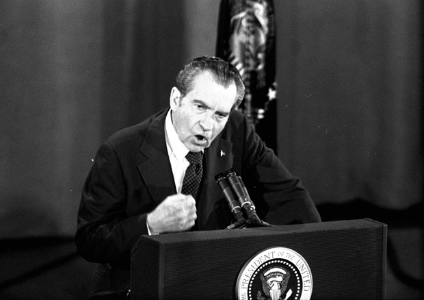 Em maro de 1974, o ento presidente Richard Nixon fala durante uma entrevista  imprensa do Texas