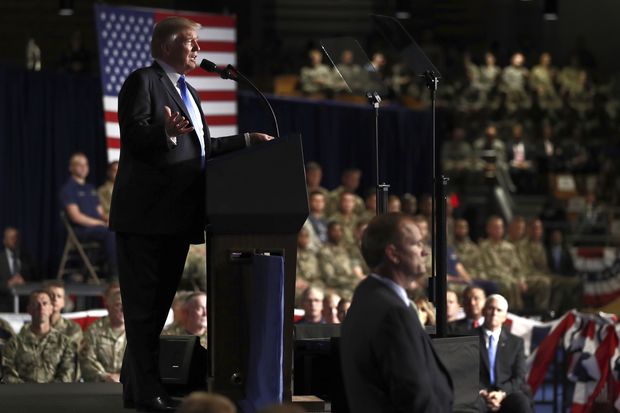  President Donald Trump speaks at Fort Myer in Arlington Va., Monday, Aug. 21, 2017, during a Presidential Address to the Nation about a strategy he believes will best position the U.S. to eventually declare victory in Afghanistan. (AP Photo/Carolyn Kaster) ORG XMIT: VACK105