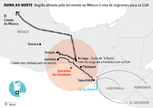 RUMO AO NORTE Regio afetada pelo terremoto no Mxico  rota de migrantes para os EUA