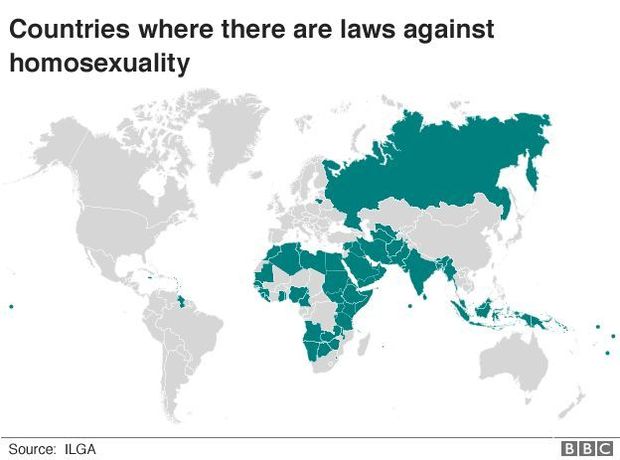 Os pases em azul so aqueles onde h algum tipo de lei contra homossexuais