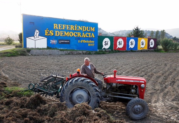Agricultor dirige trator ao lado de cartazes pela independncia da Catalunha na cidade de Tona