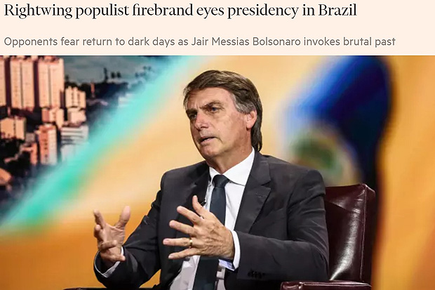 Bolsonaro, em entrevista ao jornal ingls 'Financial Times'; ele hoje promove sua 'guinada liberal