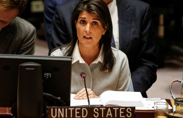 United States ambassador to the United Nations Nikki Haley addresses the U.N. Security Council meeting on the situation in the Middle East, including the Palestine, at the United Nations Headquarters in New York, U.S., December 8, 2017. REUTERS/Brendan McDermid ORG XMIT: NYK512