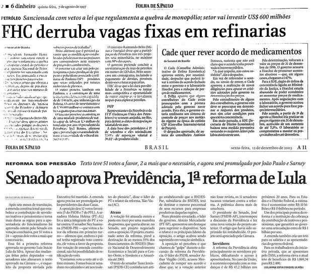 Montagem com notcias da aprovao da emenda que quebrou o monoplio da Petrobras, durante o governo FHC (1997) e da reforma da Previdncia dos servidores, durante o governo Lula (2003)
