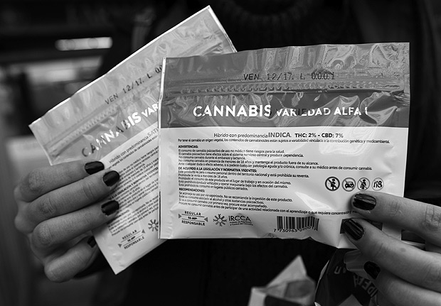 (170719) -- MONTEVIDEO, julio 19, 2017 (Xinhua) -- Una consumidora de marihuana muestra el envase de cannabis adquirido legalmente en una farmacia del barrio Pocitos, en Montevideo, capital de Uruguay, el 19 de julio de 2017. Dieciséis farmacias uruguayas comenzaron a vender a partir del miércoles marihuana para uso recreativo a los consumidores locales que se registraron previamente en el Instituto de Regulación y Control del Cannabis (Ircca), de los cuales el 70 por ciento son hombres y el 30 por ciento restante mujeres, y el costo será de 6,5 dólares estadounidenses (aproximadamente 187,04 pesos uruguayos) por cinco gramos, de acuerdo con información de la prensa local. (Xinhua/Nicolás Celaya) (nc) (jg) (ah)