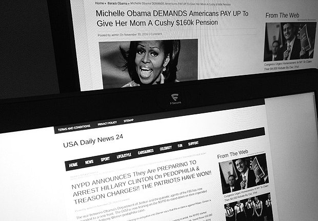 This photograph taken in Paris Friday Dec. 2, 2016 shows stories from USA Daily News 24, a fake news site registered in Veles, Macedonia. An Associated Press analysis using web intelligence service Domain Tools shows that USA Daily News 24 is one of roughly 200 U.S.-oriented sites registered in Veles, which has emerged as the unlikely hub for the distribution of disinformation on Facebook. Both stories shown here are bogus. (AP Photo/Raphael Satter)? ORG XMIT: PAR109