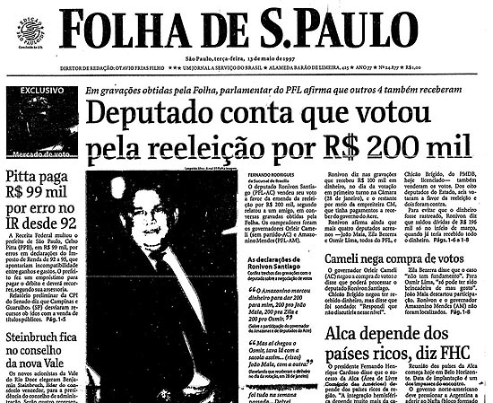 Manchete da Folha no dia 13 de maio de 1997 sobre a compra de votos no governo FHC