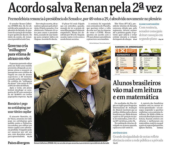 Manchete da Folha de 5/12/2007 que noticiou a renncia do senador Renan Calheiros da presidncia do Senado 