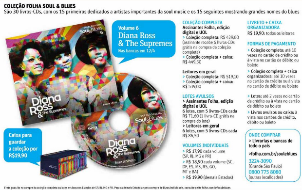 Reproduo da chamada para o 6 volume da coleo folha Soul & Blues, que trouxe o lbum de Diana Ross e & The Supremes