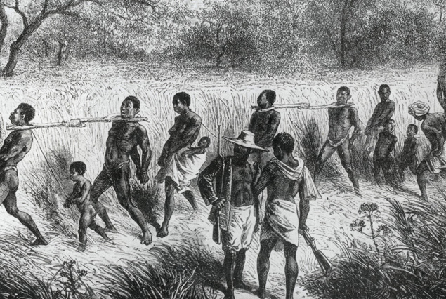 Ilustrao mostra uma caravana de escravos rumo  costa africana