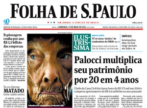 Capa da *Folha* de 15 de maio que revelou a multiplicação do patrimônio de Palocci entre 2006 e 2010