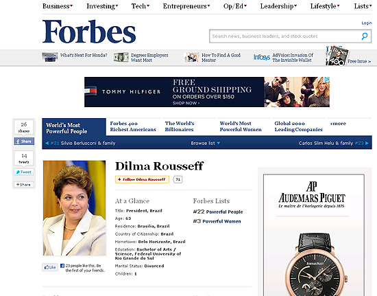 Dilma Rousseff no site da "Forbes" na reportagem sobre a lista dos mais poderosos do mundo