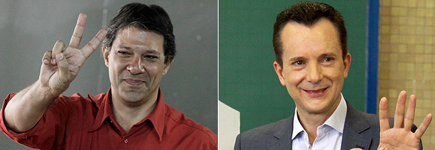 Os candidatos Fernando Haddad (PT) e Celso Russomanno (PSDB), no dia da ltima eleio municipal