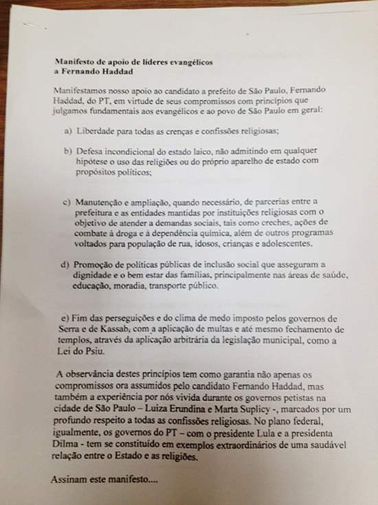 Manifesto de apoio de líderes evangélicos a Fernando Haddad
