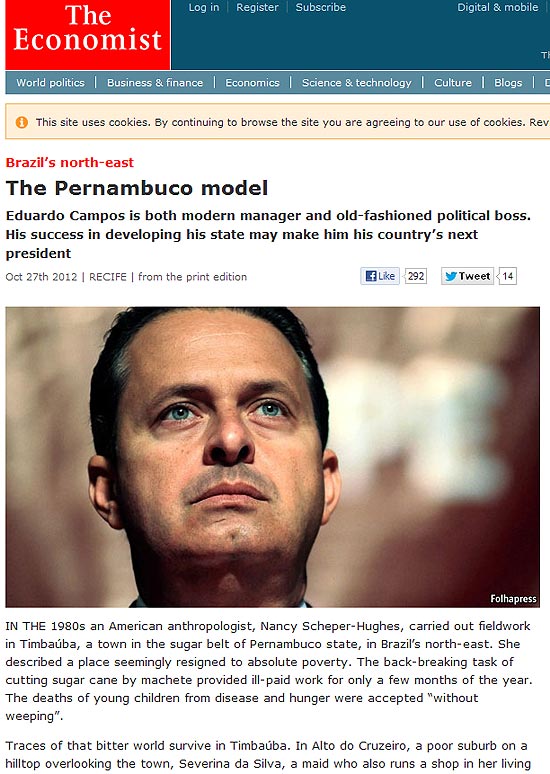 Versão online de reportagem da "Economist" que cita Eduardo Campos (PSB) como presidenviável em 2014 