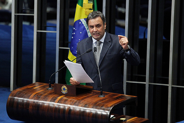O senador Aécio Neves (PSDB-MG), durante pronunciamento no Senado Federal no qual listou os 'fracassos' do PT