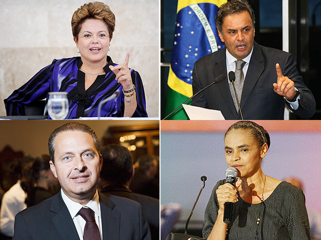 No sentido horrio, a presidente Dilma Rousseff e os presidenciveis Acio Neves, Marina Silva e Eduardo Campos