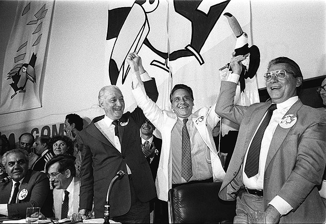 Franco Montouro, Fernando Henrique Cardoso e Mrio Covas no ato de fundao do PSDB