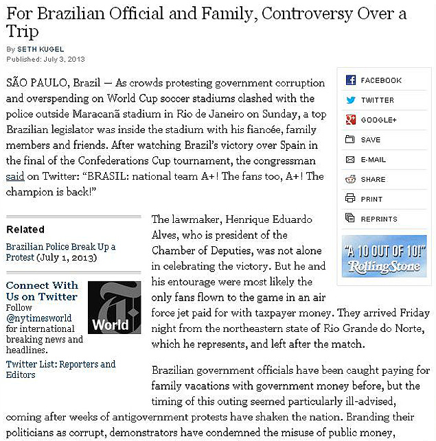 Jornal 'The New York Times' aborda a carona que Henrique Eduardo Alves pegou no avio da FAB