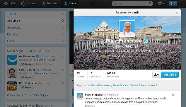 Papa Francisco publica mensagem no Twitter aos catlicos que participaro da Jornada Mundial da Juventude, no Rio