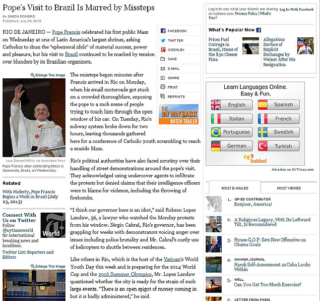Visita do papa ao Brasil é cheia de erros, diz 'The New York Times