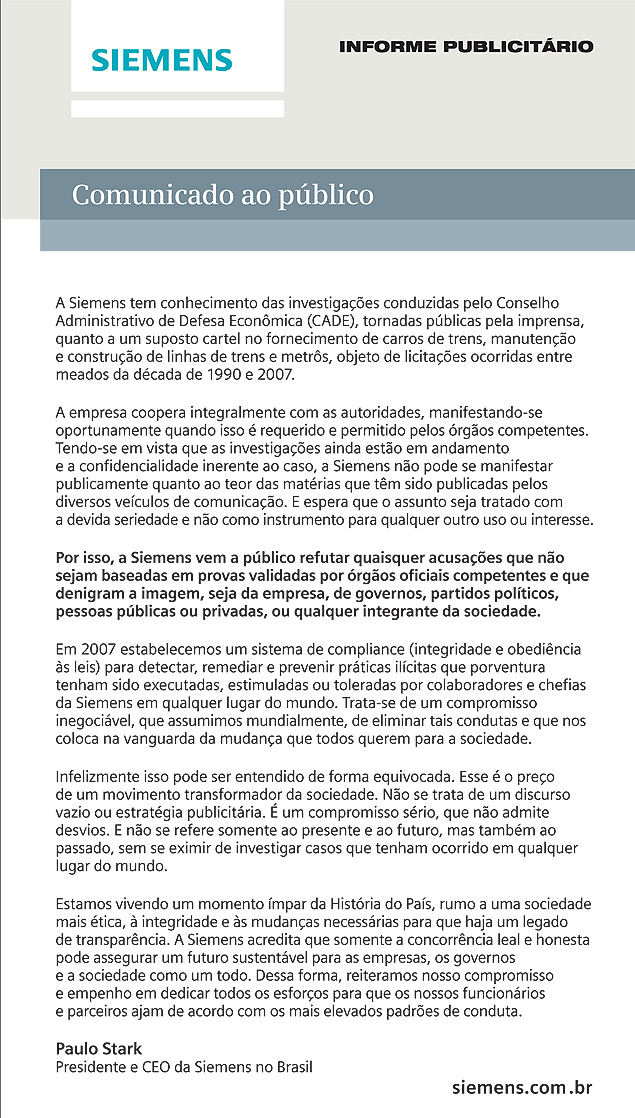 Anúncio da Siemens publicado na primeira página da *Folha* de 11 de agosto de 2013