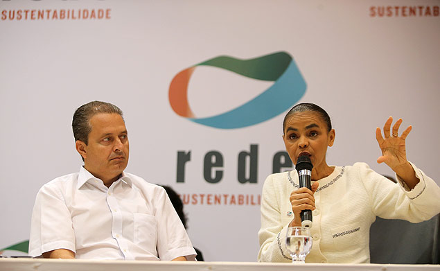 Marina Silva discursa em seminário da Rede ao lado de Eduardo Campos (PSB)